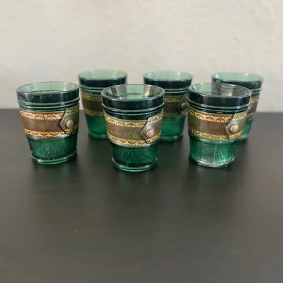 RARE! Vintage 60s MCM Emerald Green Leather Banded Tumbler Glasses Set of 6 - Picture 10 of 14